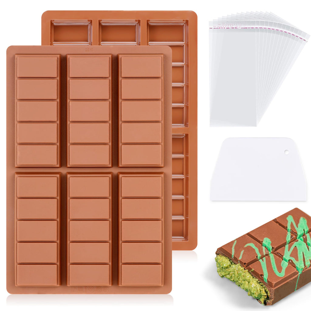 KASHME 2 Pcs Chocolate Bar Mold Deep Dubai Stuffed Silicone Molds for Filling Knafeh Pistachio Chocolate Bar and Wax Melts Rectangle Thick Candy Bar Molds Break Apart (5 Snap）
