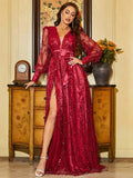 Sequined Deep V Halter Spaghetti Straps Evening Dress