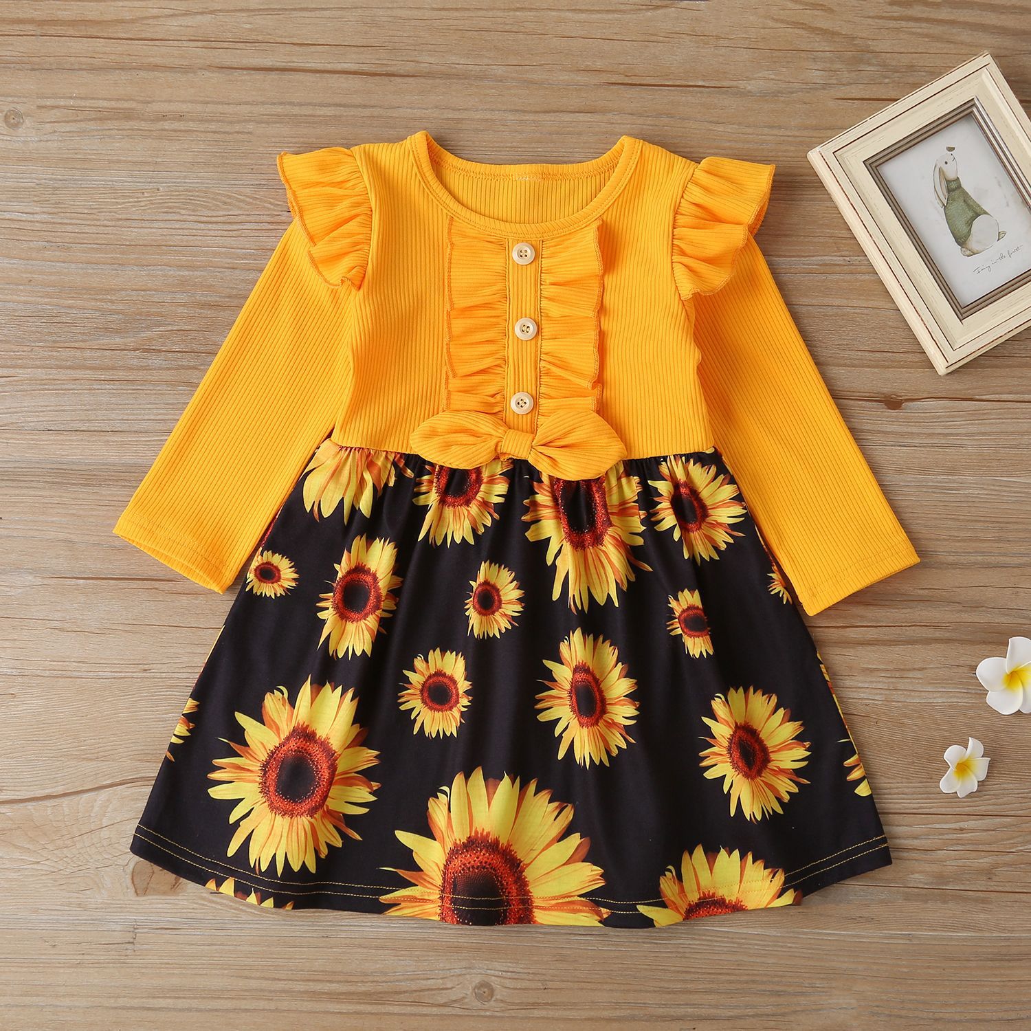 Children's Striped Long Sleeve Sunflower Dress