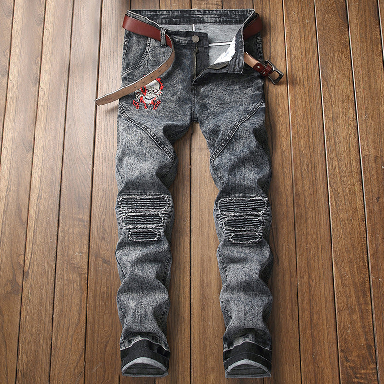 Men's Stretch Biker Jeans with Ruffles - Plus Size
