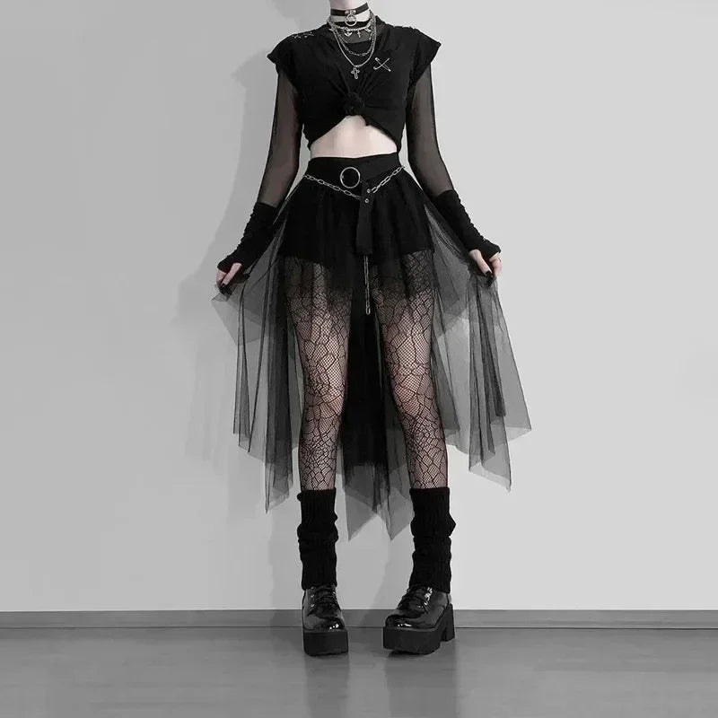 Casual Skirts Punk Sexy Net Yarn High-Waisted Irregular Skirt for Women Summer New European and American Gothic Style Versatile