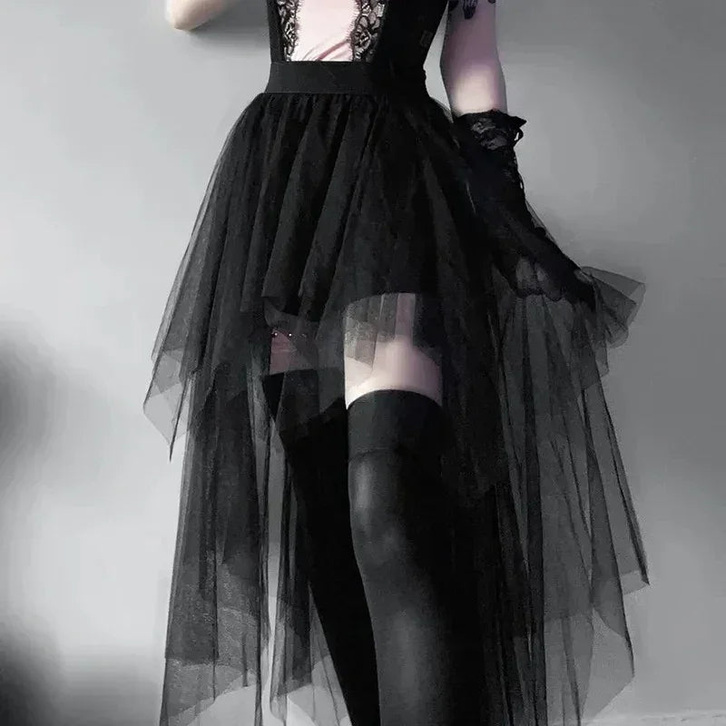 Casual Skirts Punk Sexy Net Yarn High-Waisted Irregular Skirt for Women Summer New European and American Gothic Style Versatile