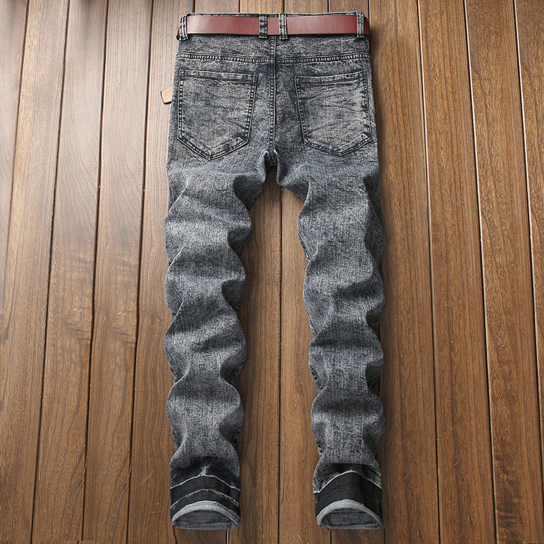 Men's Stretch Biker Jeans with Ruffles - Plus Size