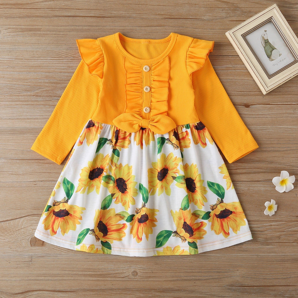 Children's Striped Long Sleeve Sunflower Dress