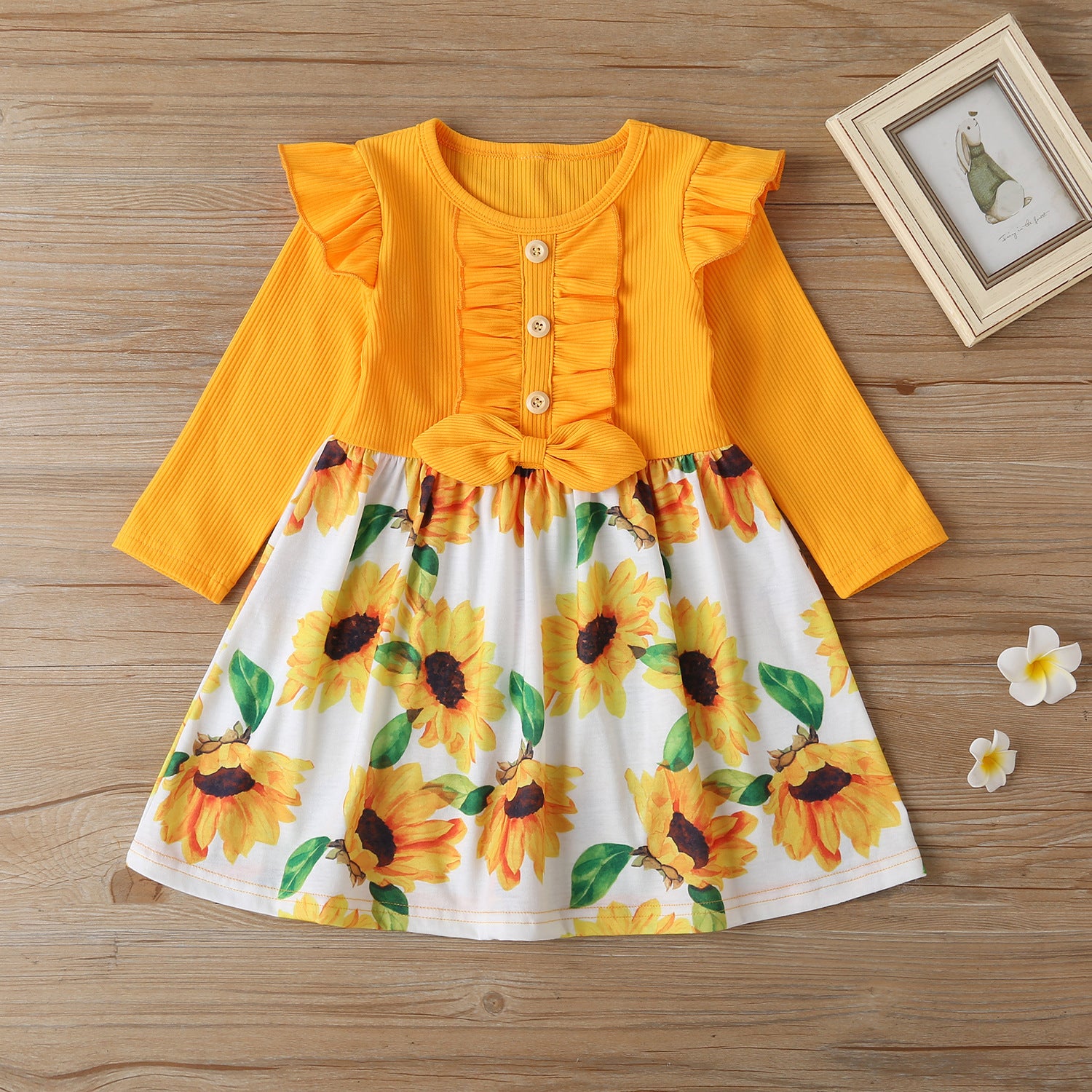 Children's Striped Long Sleeve Sunflower Dress