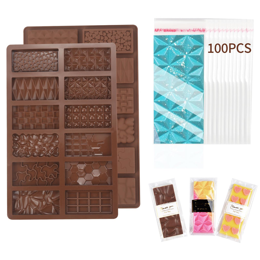 DOCMON Chocolate Molds 2Pcs Deep Silicone Chocolate Mold with 100Pcs Bags Break Apart Non-stick Thick Chocolate Bar Mold Candy Molds Wax Melt Molds for Dubai Knafeh Pistachio Chocolate Bar